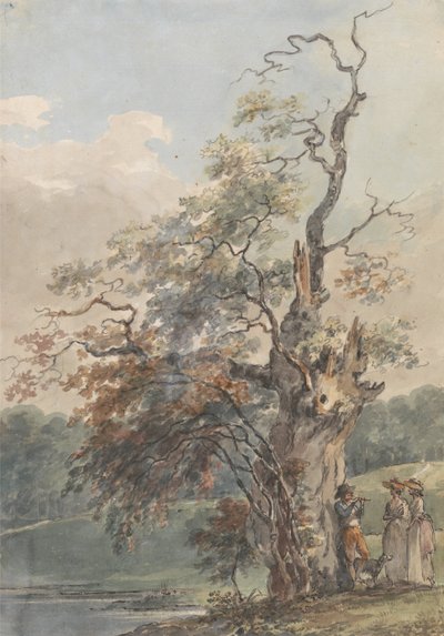 Paisaje con un hombre tocando una flauta bajo un árbol viejo de Paul Sandby